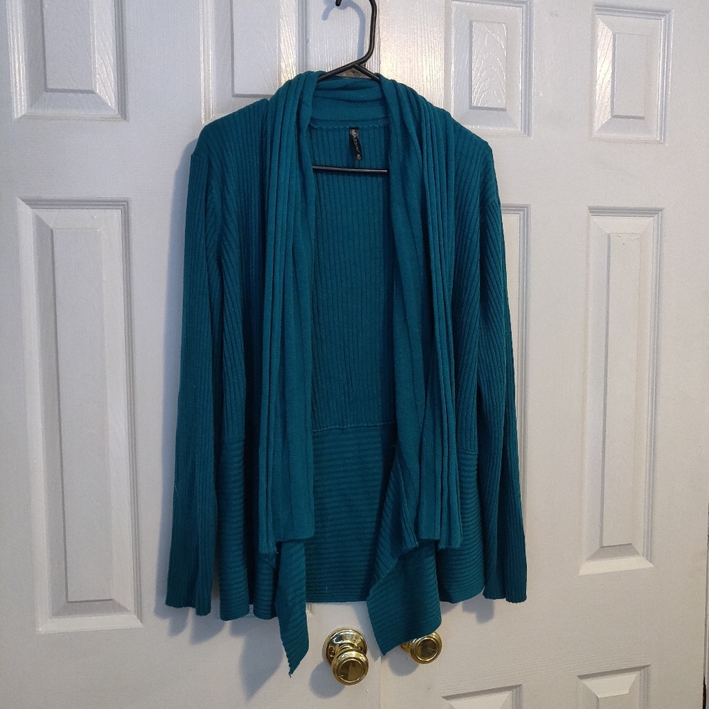 Drape-front teal cardigan